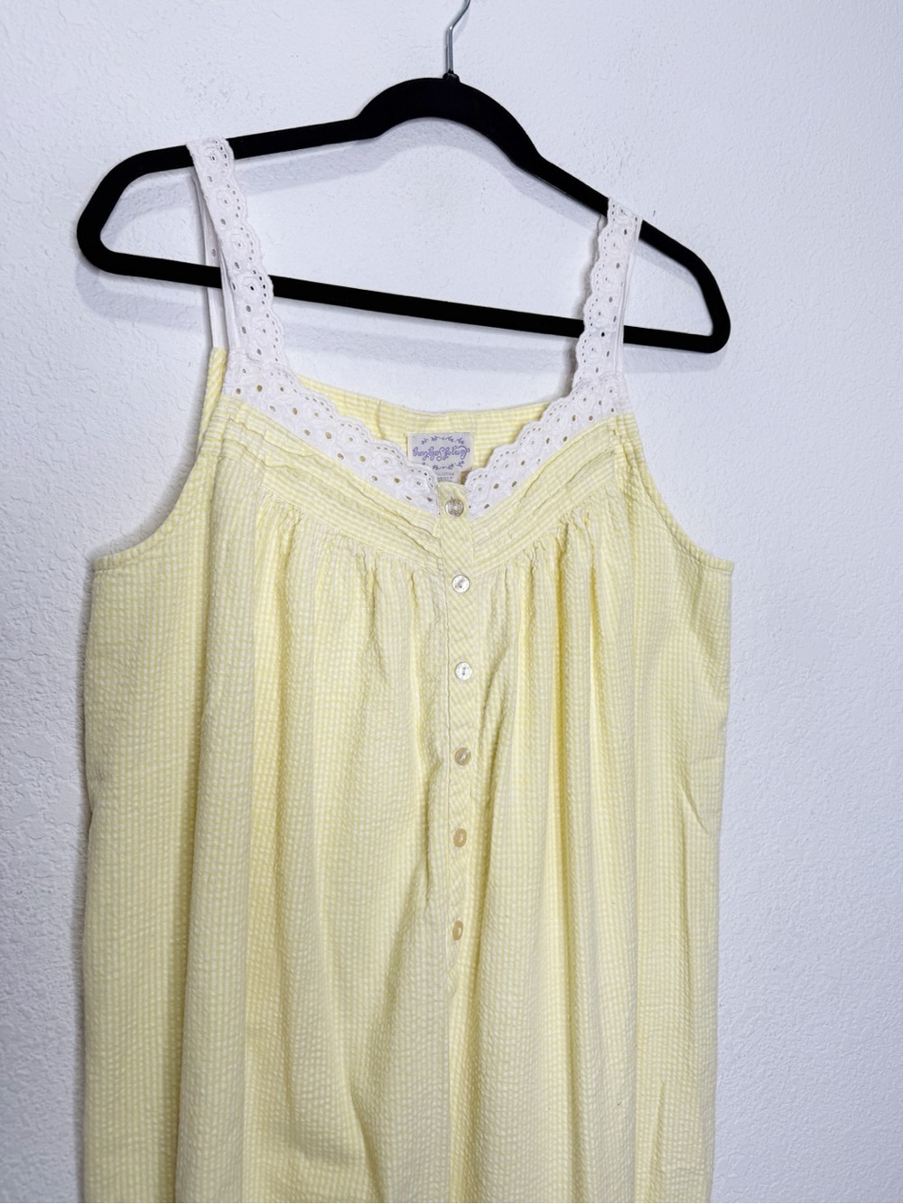 Lanz of Salzburg Seersucker Butter Yellow Lace Tank Mumu Nightgown Dress